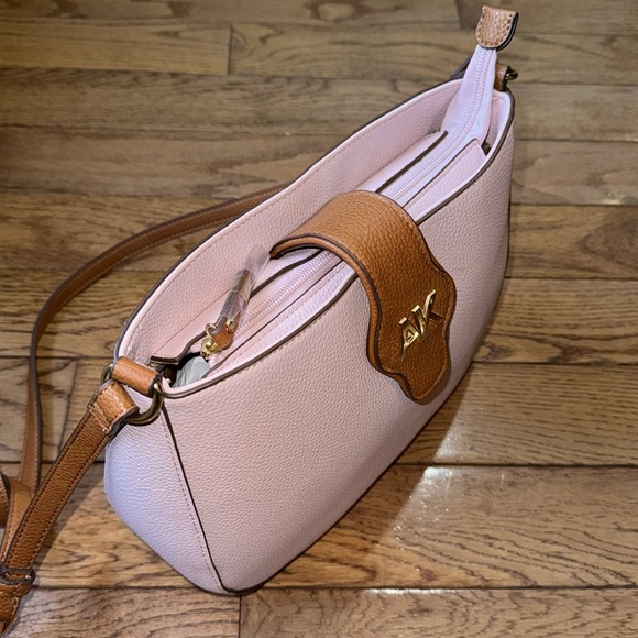 Anne Klein Pink with Tan Trim Faux Pebbled Leather Crossbody Bag - Picture 10 of 12